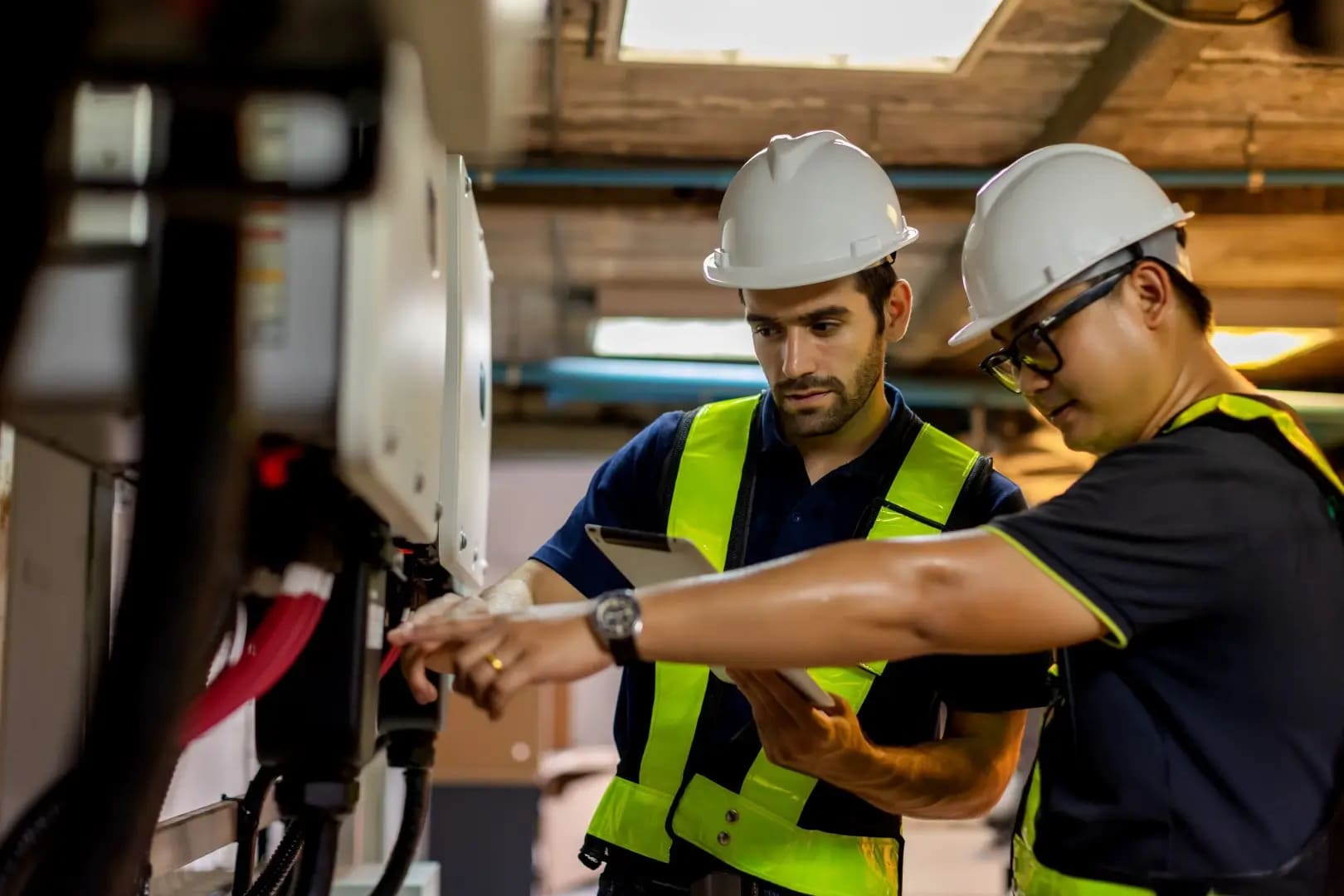 An electrical engineer wearing a hard hat checking the control room with an electrical worker in a control room.